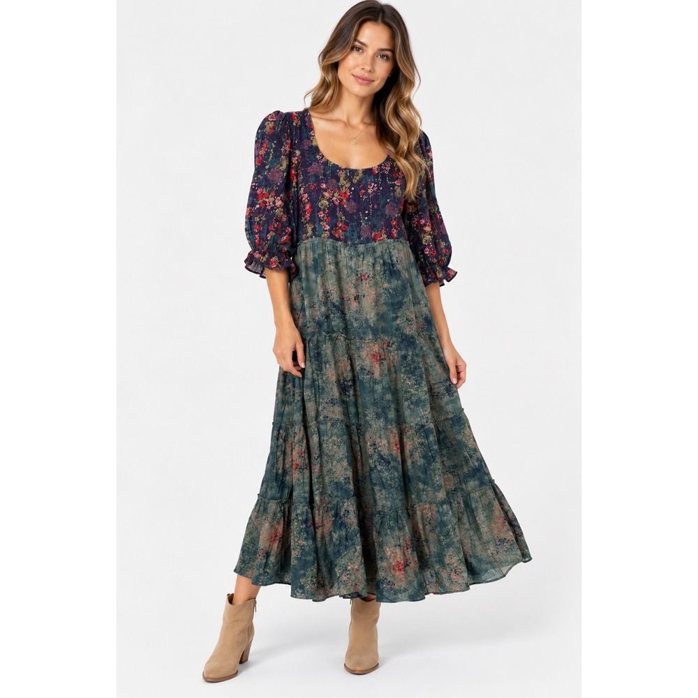 Natural Life Maxi Dress Tie Dye Floral Tiered Boho Peasant Blue Green Womens Lrg